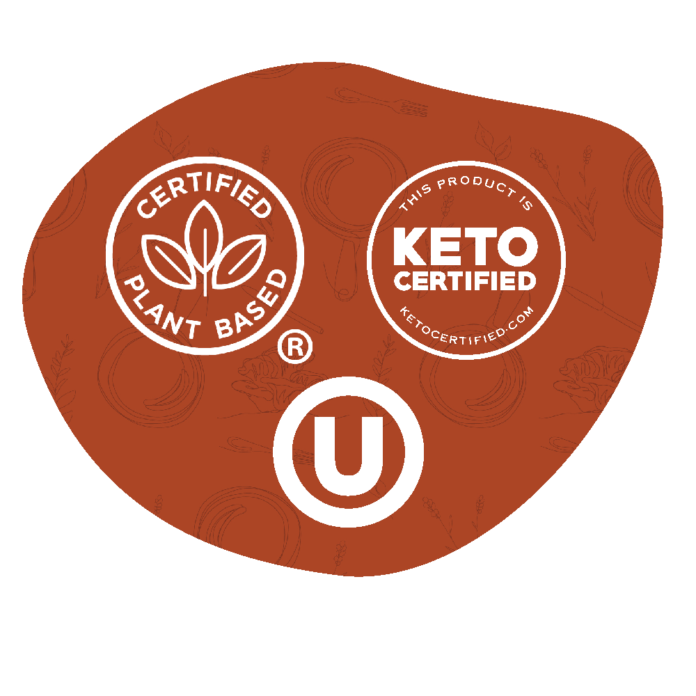Plant-Based, KETO, and Kosher certification icons