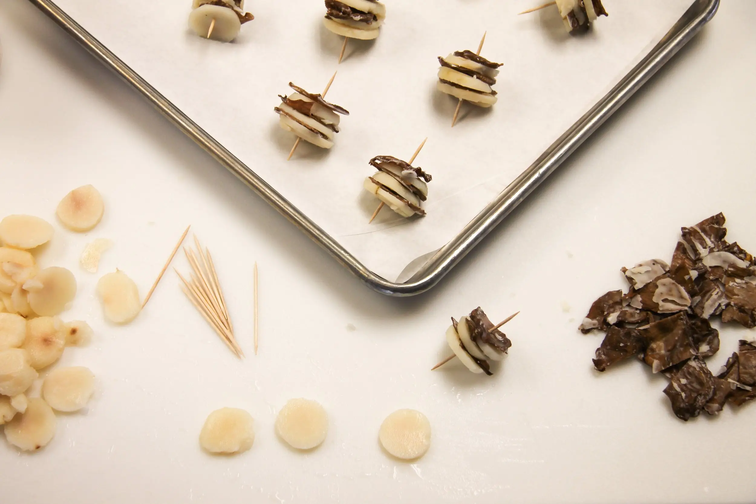 Overhead shot of Prepared Rumaki On Pan Ready to Cook
