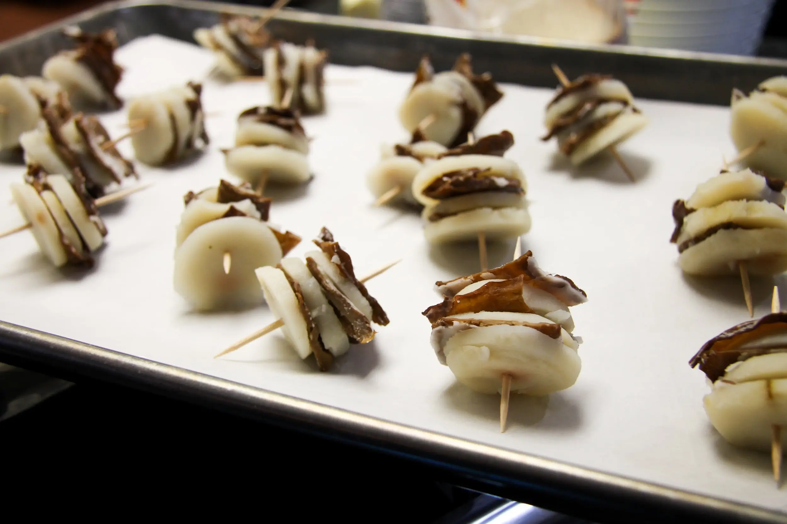 Closeup of Prepared Rumaki On Pan Ready to Cook