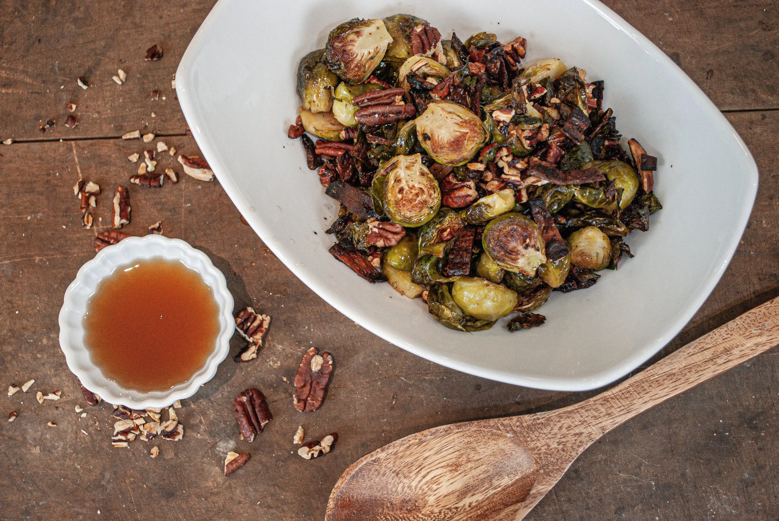 Prepared Maple Pecan Roasted Brussel Sprouts featuring MyBacon Top Down Shot