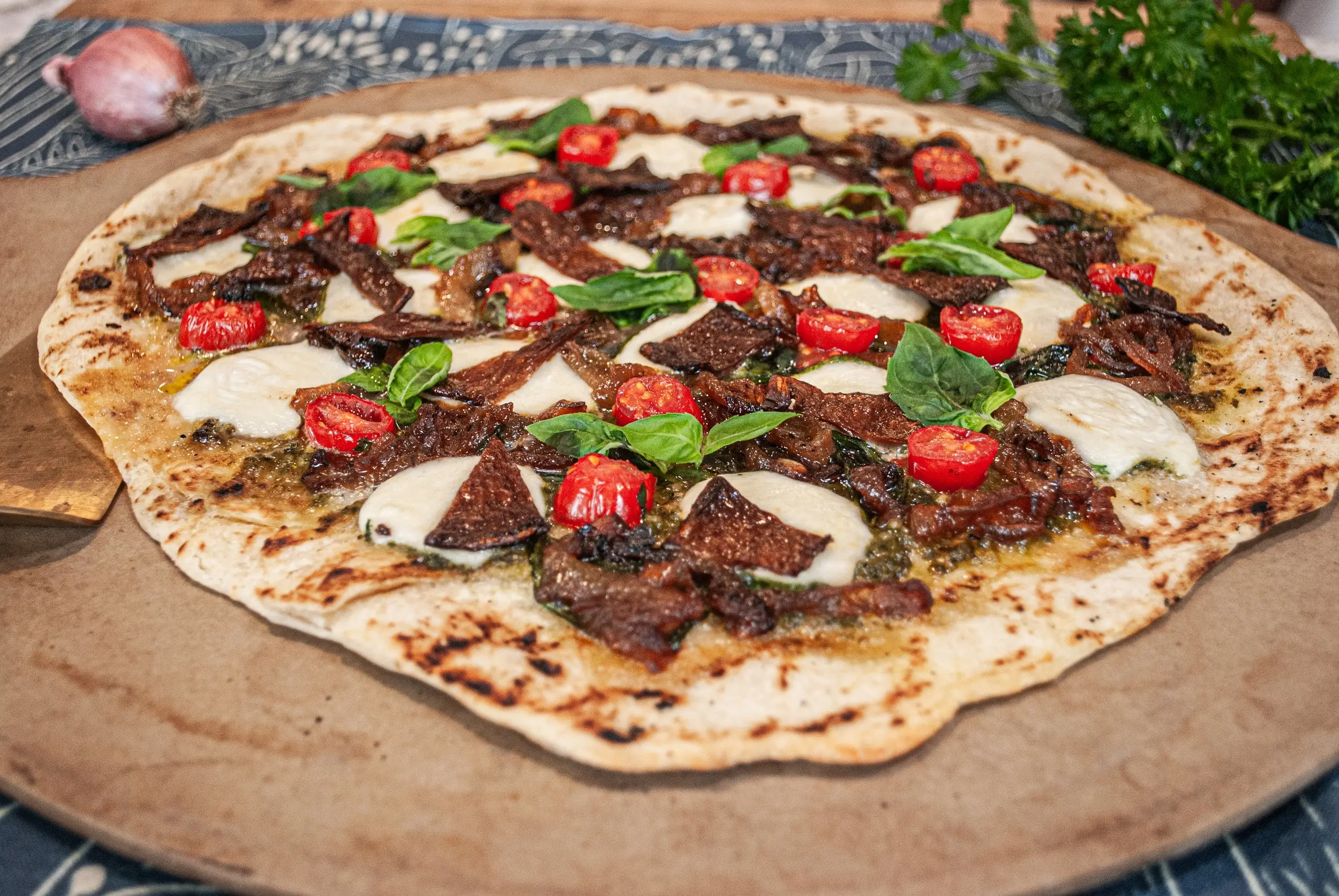 Close-up of MyBacon Tomato Basil Flatbread