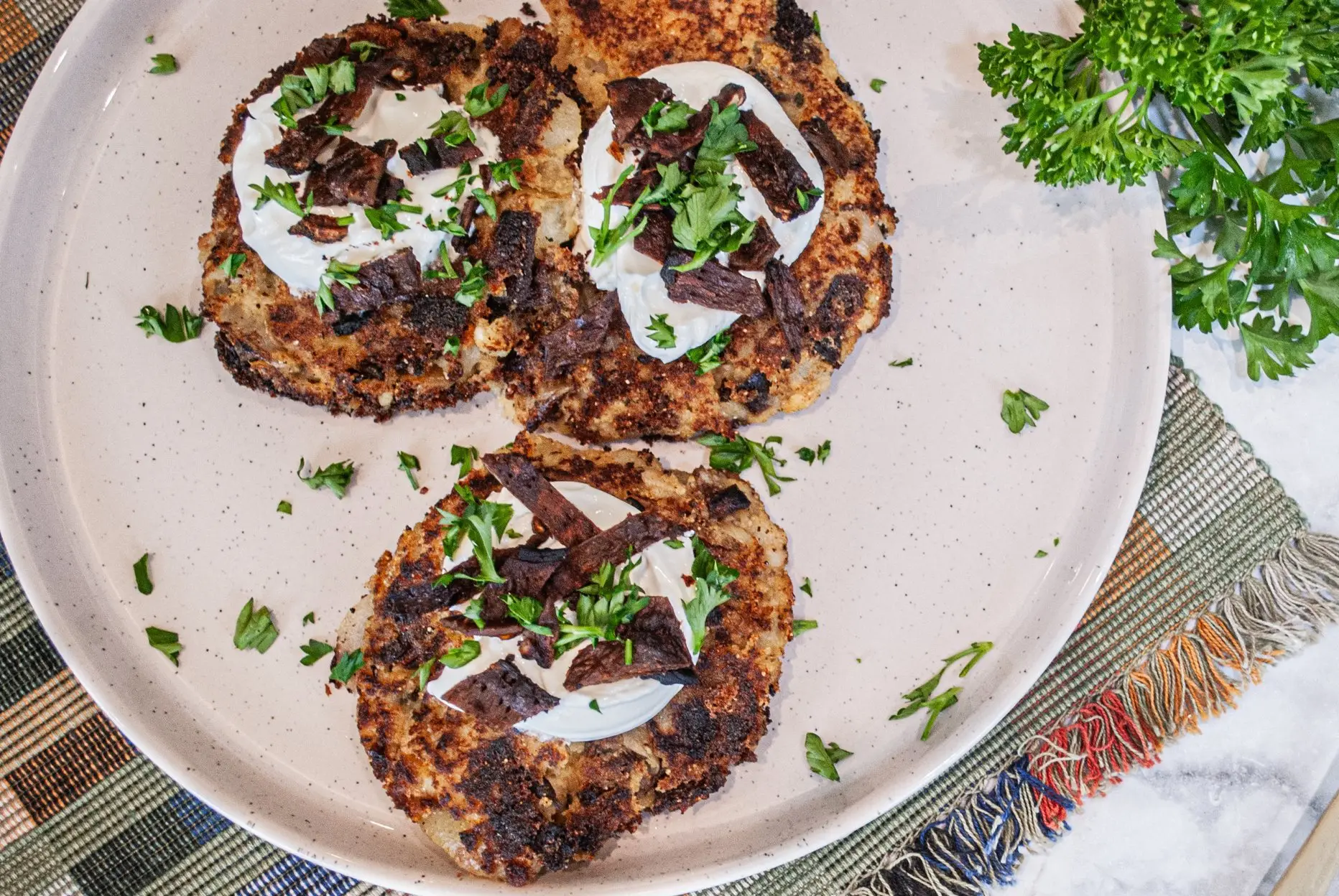 Potato Latkes on a plate shot from above